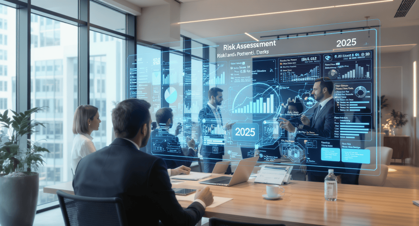 Apresentação de avaliação de riscos com dashboards digitais em sala corporativa moderna