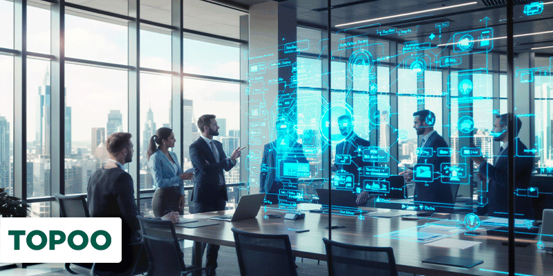 Equipe executiva observando painel digital com fluxo de informações em ambiente moderno