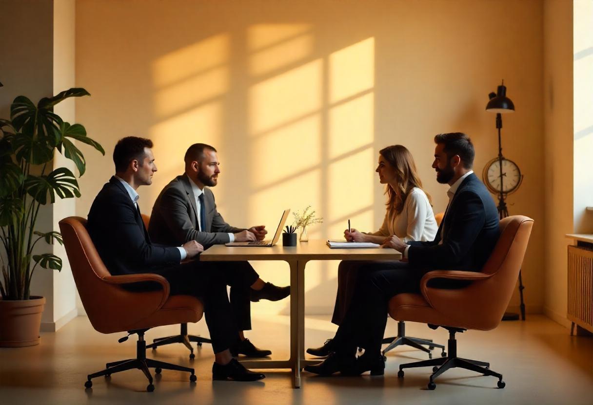Reunião de negócios entre executivos em ambiente corporativo com luz do entardecer