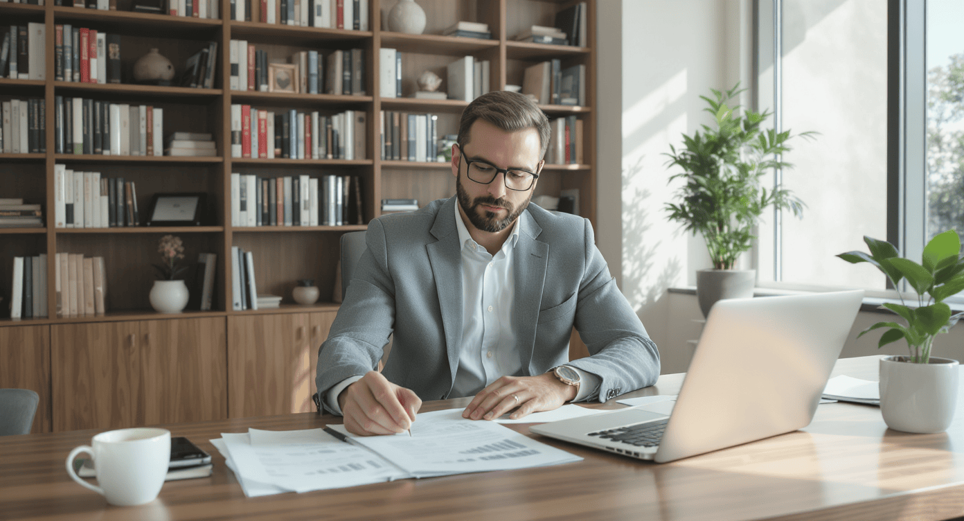 Empresário escrevendo relatórios financeiros em escritório com estante de livros
