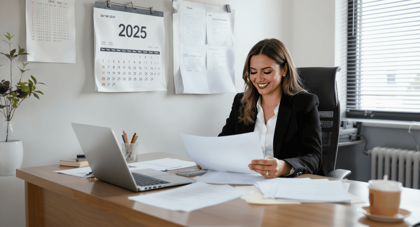 Mulher sorrindo enquanto analisa documentos em escritório com calendário de 2025