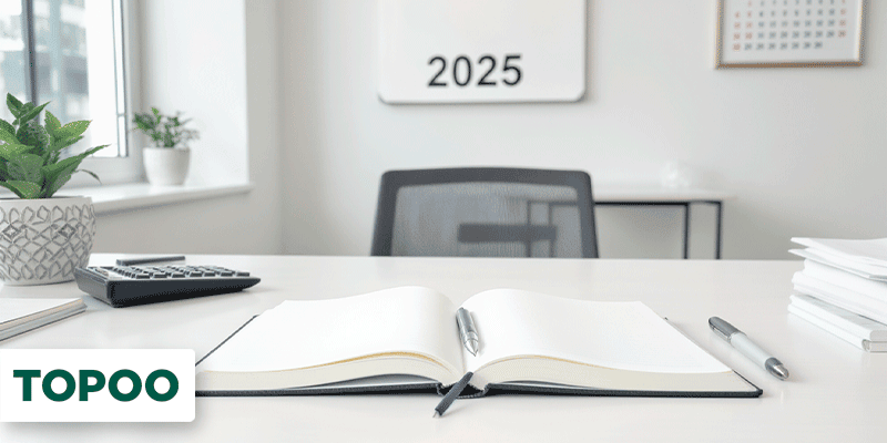 Mesa de escritório com caderno aberto e calendário de 2025 ao fundo