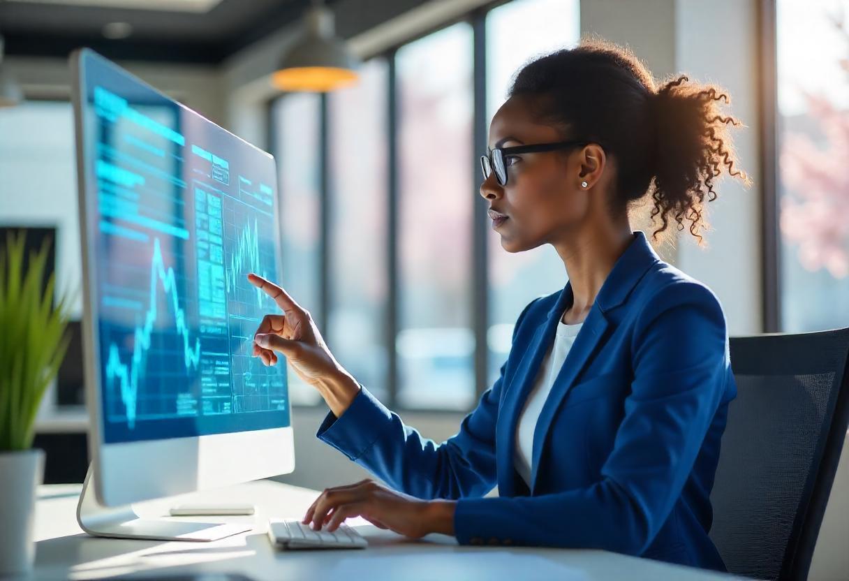 mulher analisando gráficos em tela grande