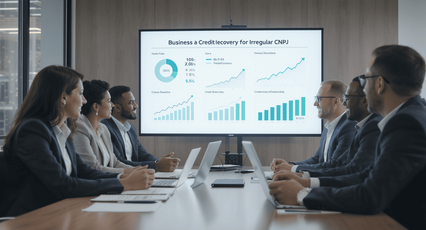 Reunião corporativa com profissionais observando gráficos de recuperação de crédito em tela