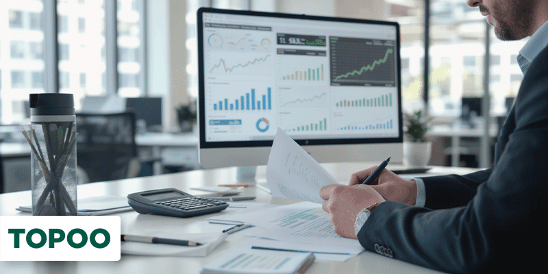 Empresário analisando gráficos de desempenho em escritório moderno com computador e calculadora
