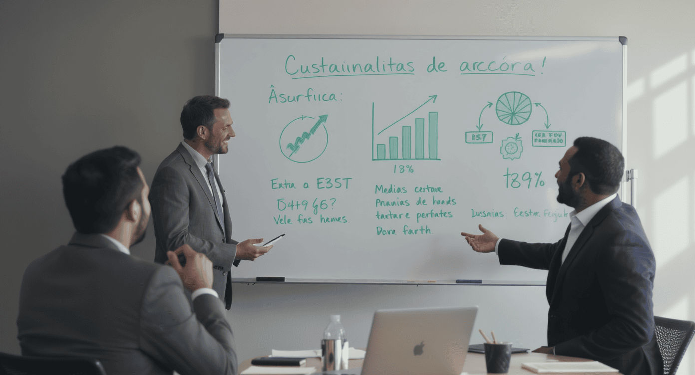 Executivos em reunião analisando gráficos relacionados à sustentabilidade empresarial