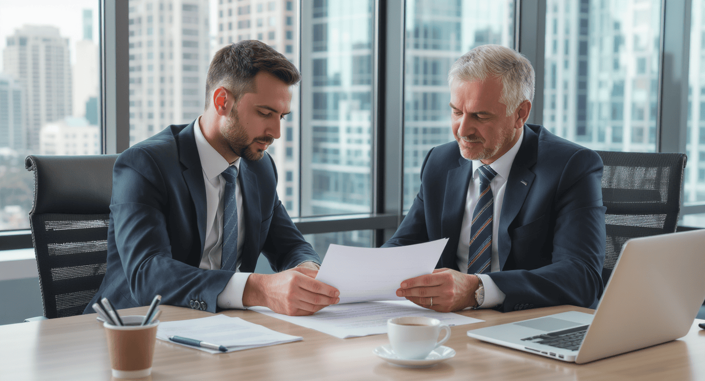 dois homens analisando documentos em escritório corporativo