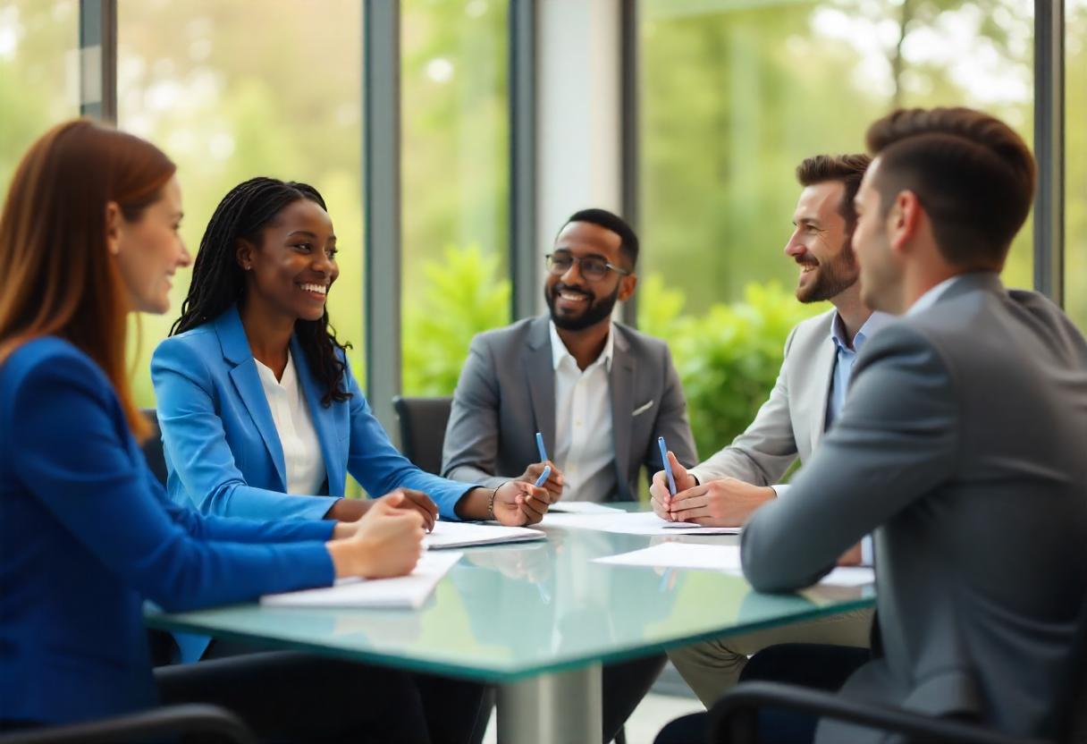 Reunião informal entre profissionais em ambiente corporativo moderno