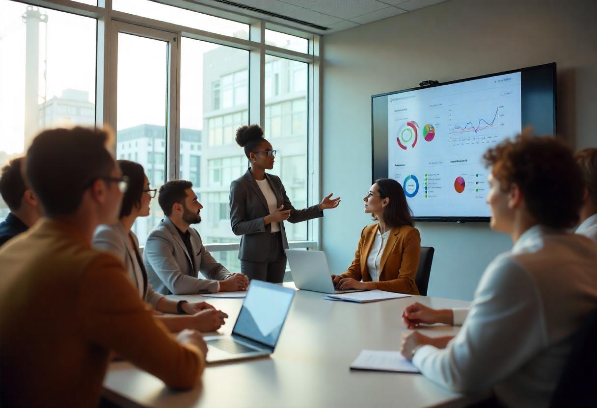 Profissional apresentando gráficos em tela durante reunião de equipe empresarial