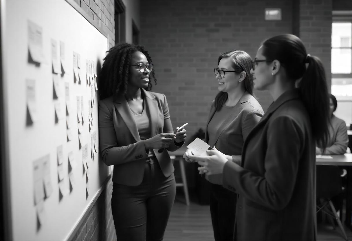 Três mulheres conversando em frente a um quadro com post-its em ambiente corporativo