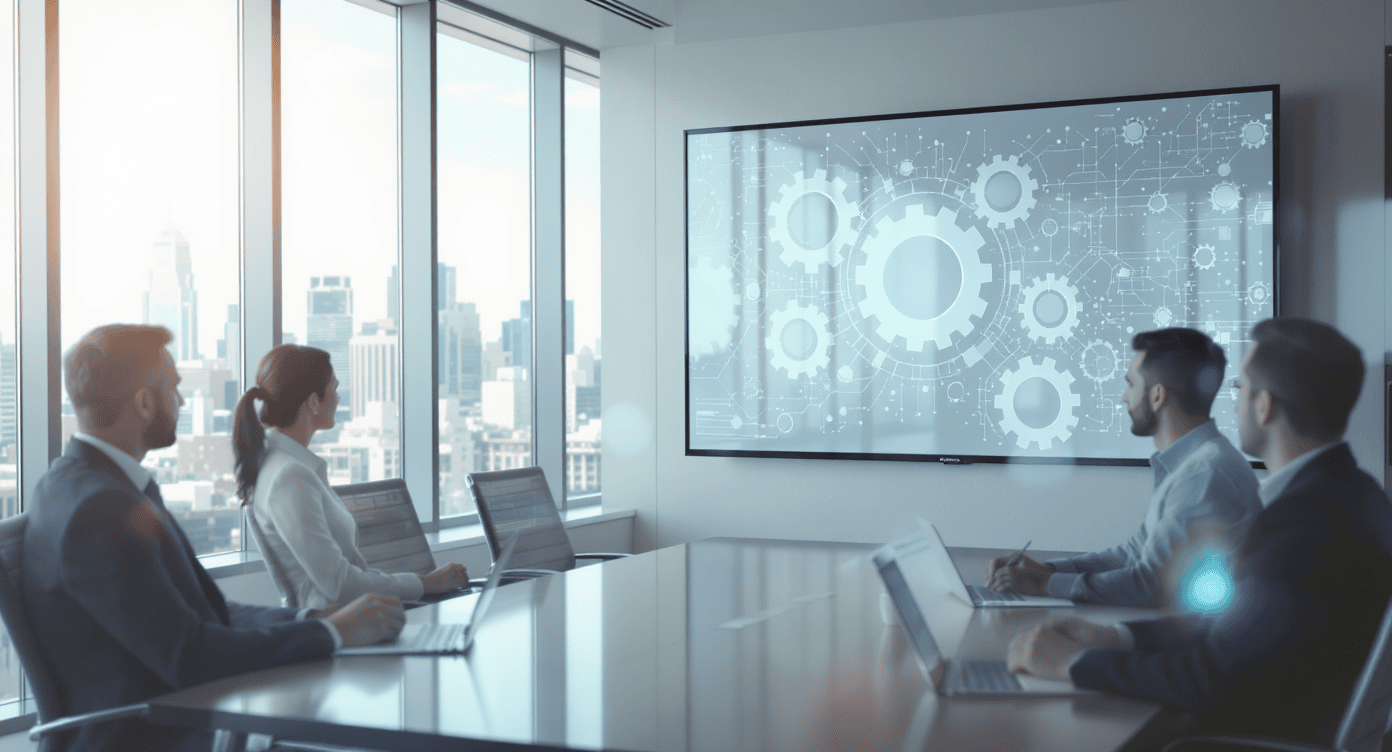 Profissionais em sala de reunião assistem a apresentação com engrenagens em tela digital