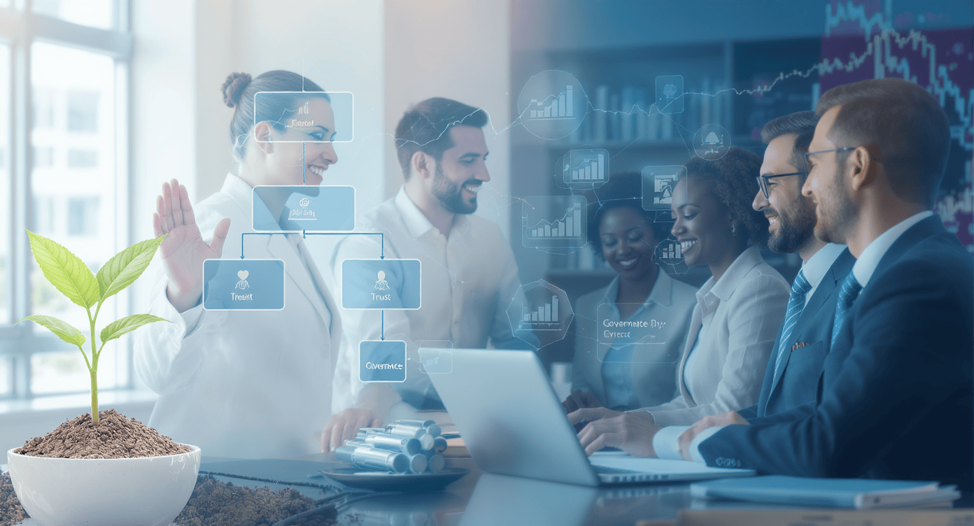 Equipe empresarial com gráficos digitais e planta simbolizando crescimento sustentável