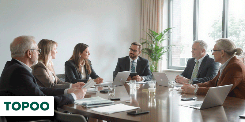 Executivos em reunião formal de governança corporativa com laptops e relatórios