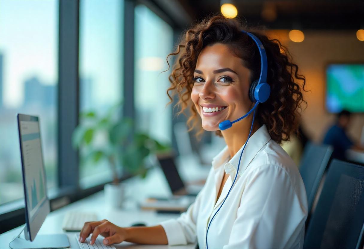 Atendente de suporte ao cliente sorrindo com headset em ambiente corporativo