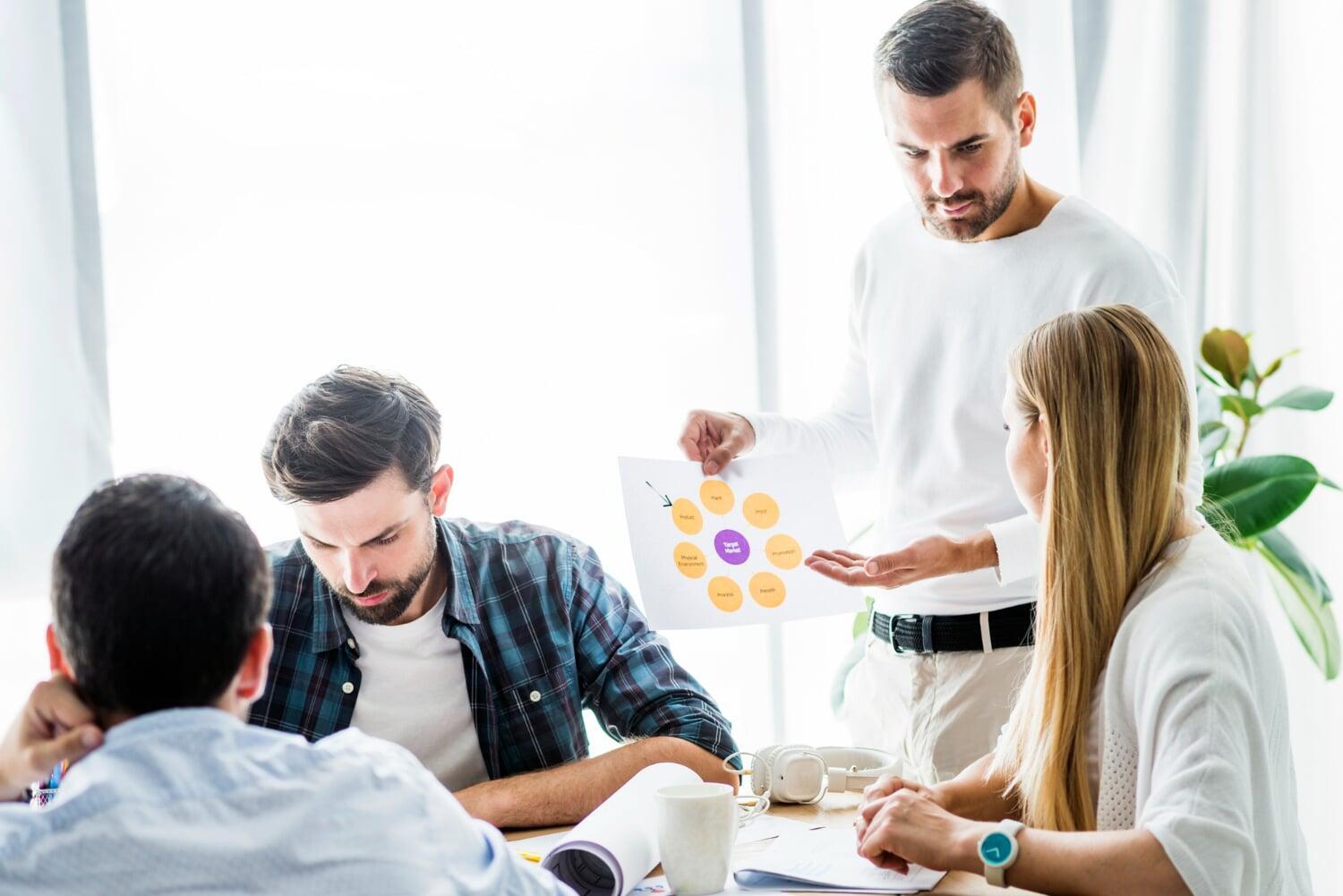 Profissional apresentando estratégia de recursos humanos em reunião de equipe