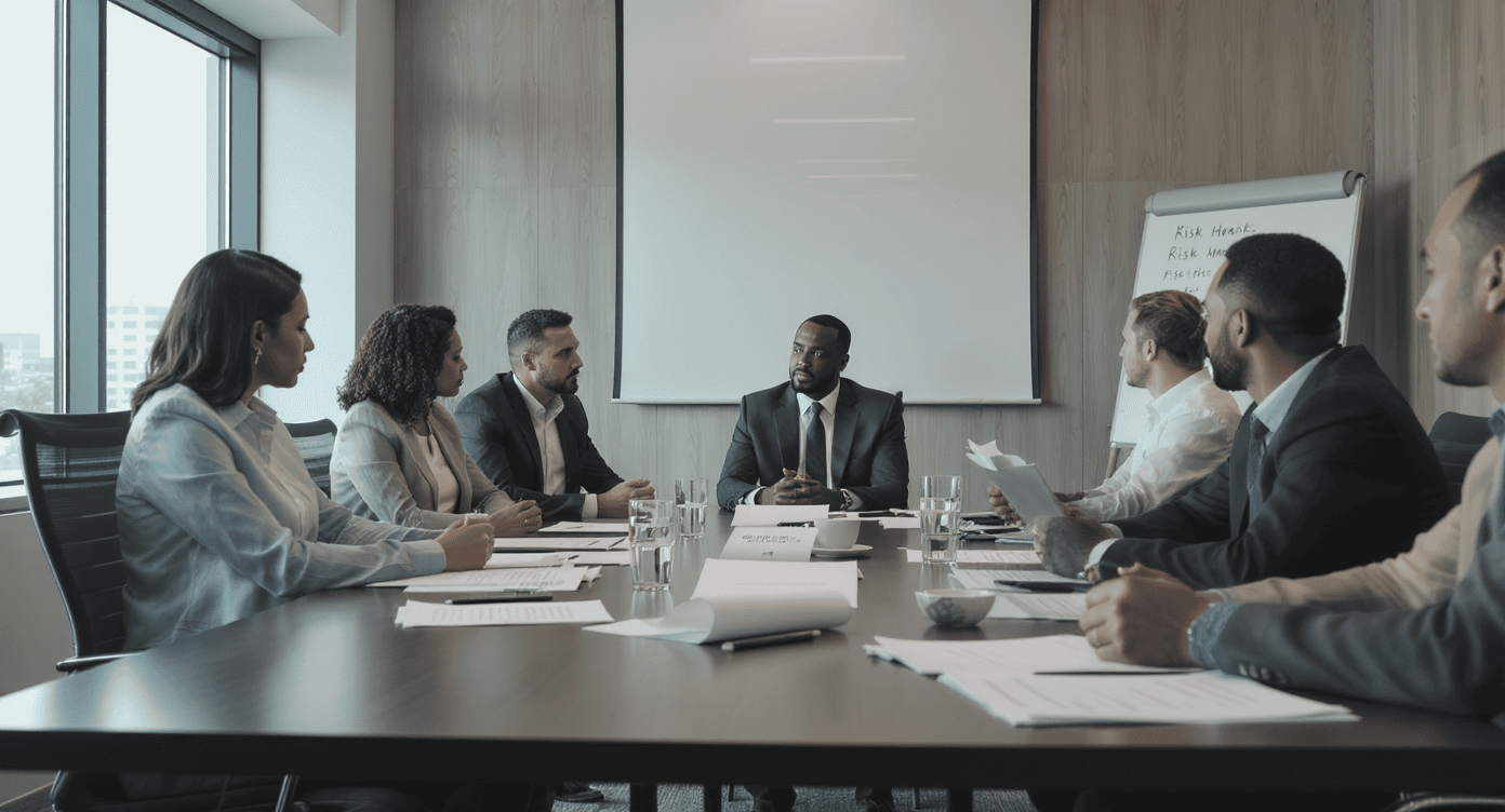 Executivos em reunião avaliando resultados e discutindo terceirização do setor de vendas