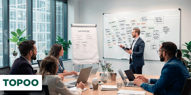 Apresentação de estratégias de terceirização comercial com equipe reunida em sala corporativa