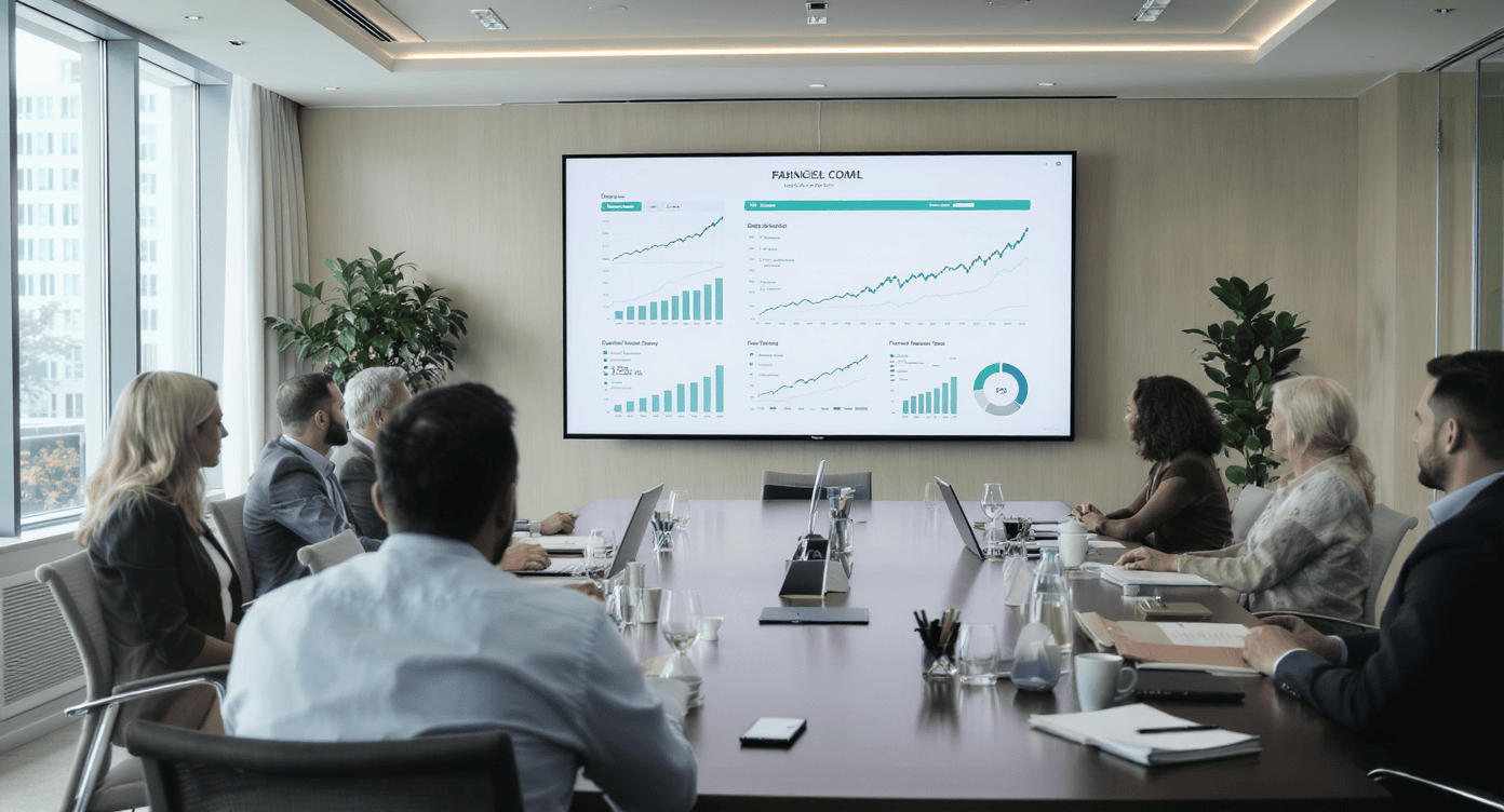 Equipe corporativa reunida em sala de reunião analisando painel financeiro em telão