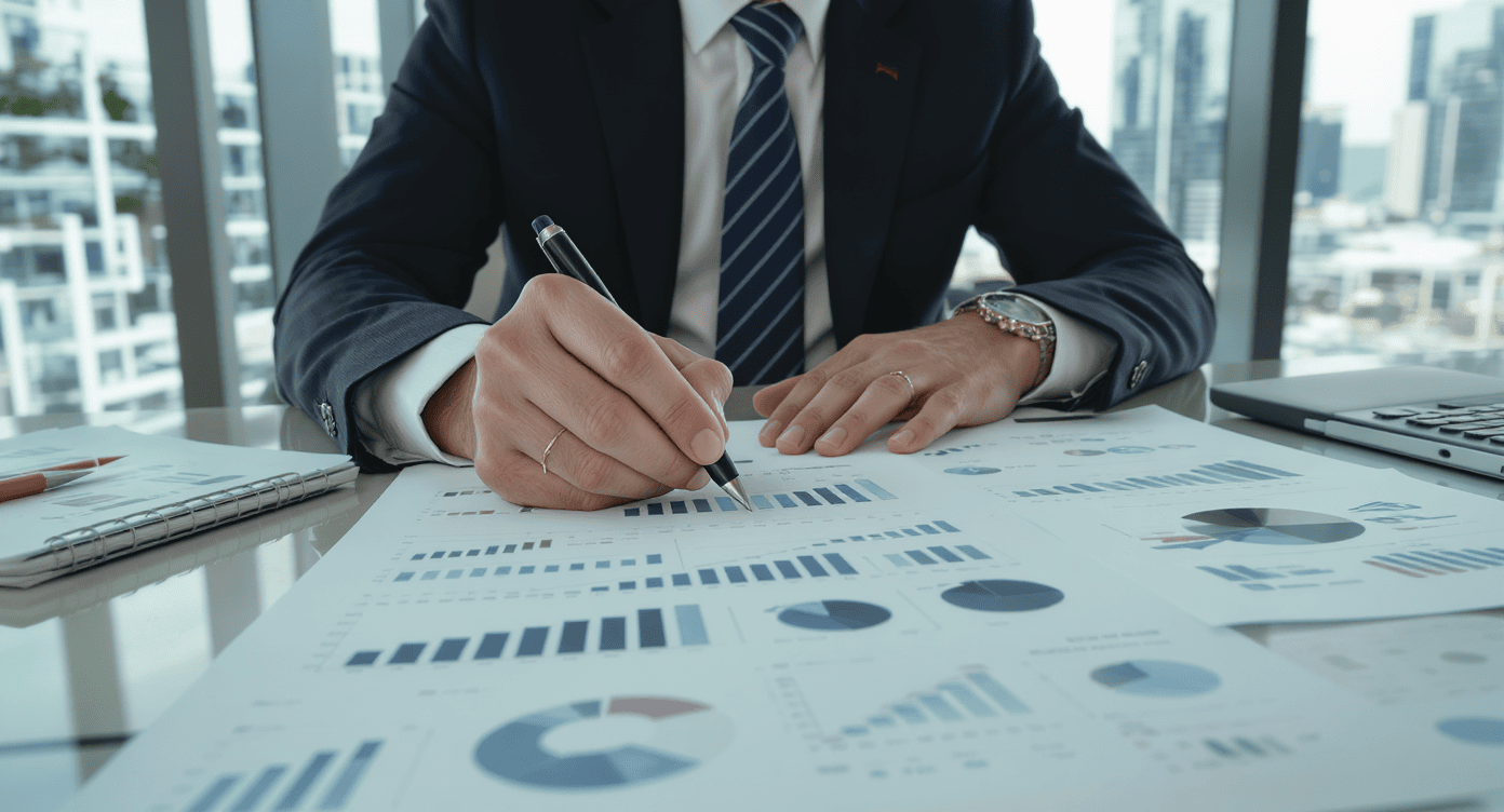 Pessoa de terno analisando relatórios financeiros impressos com gráficos e planilhas