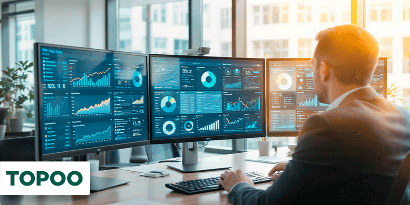 Profissional observando painéis de indicadores financeiros em três monitores no escritório