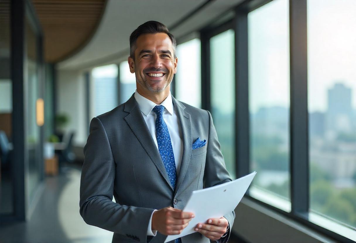 Executivo confiante segurando documento em ambiente corporativo moderno