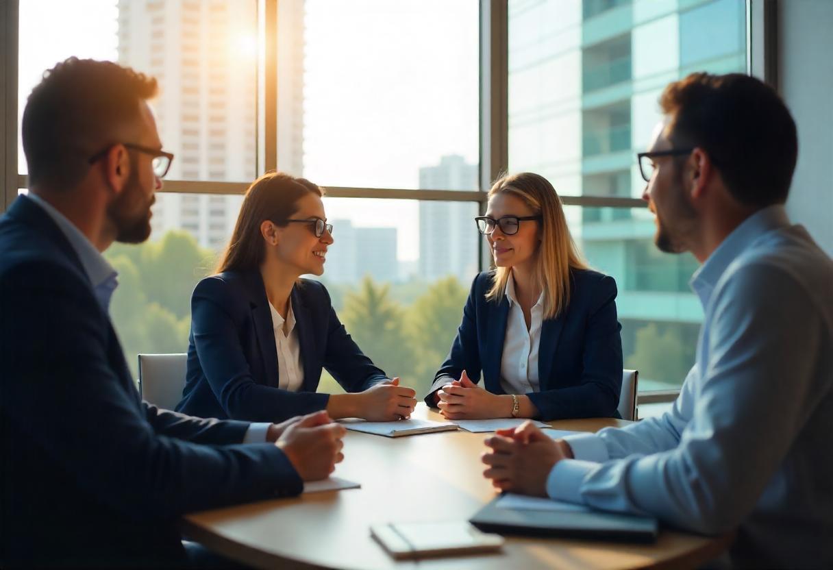 Pessoas em reunião profissional discutindo documentos financeiros