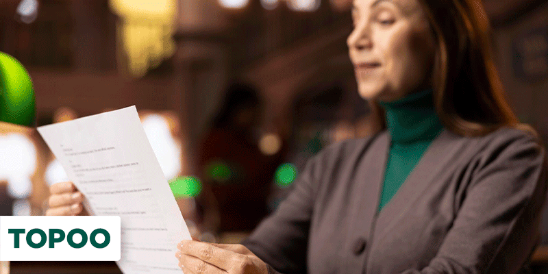 Mulher analisando contrato ou petição com atenção em ambiente interno