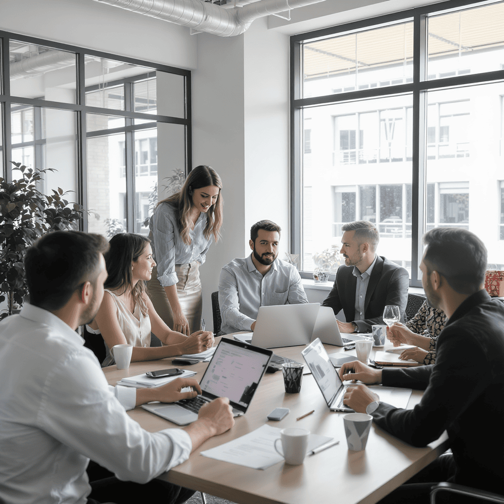 Reunião estratégica com equipe avaliando fornecedores e consultorias comerciais