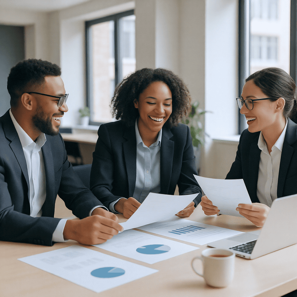 Equipe empresarial analisando documentos de checklist comercial em reunião corporativa