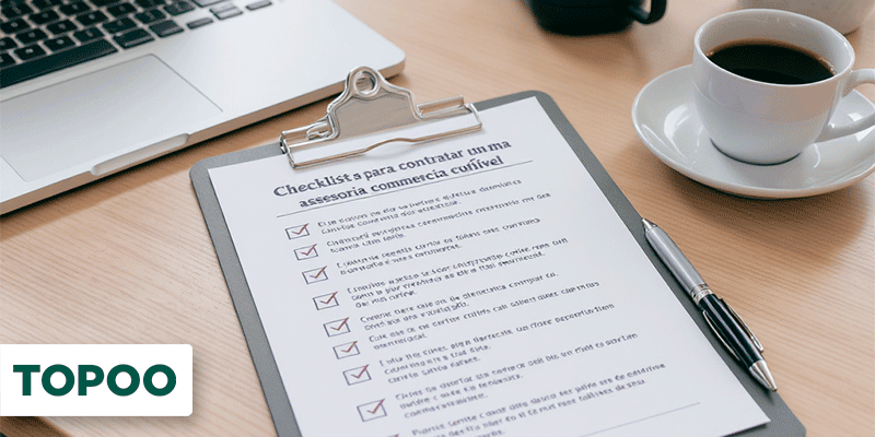 mesa com checklist impresso ao lado de notebook e café
