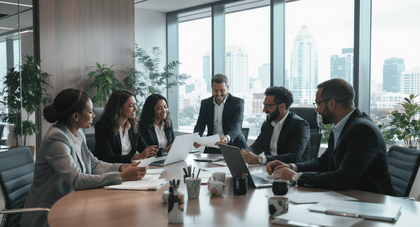Equipe de executivos sorrindo durante reunião sobre práticas ESG