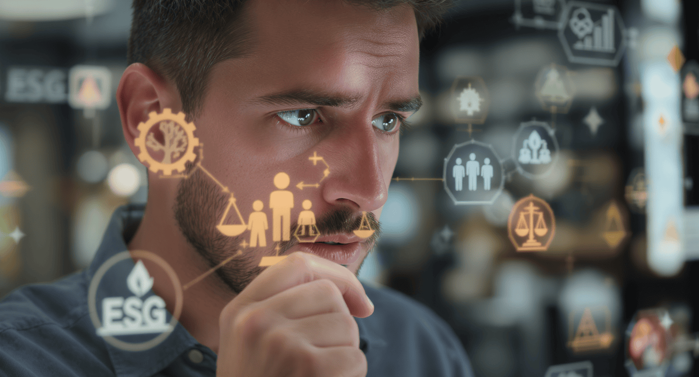Homem analisando ícones digitais de ESG e sustentabilidade