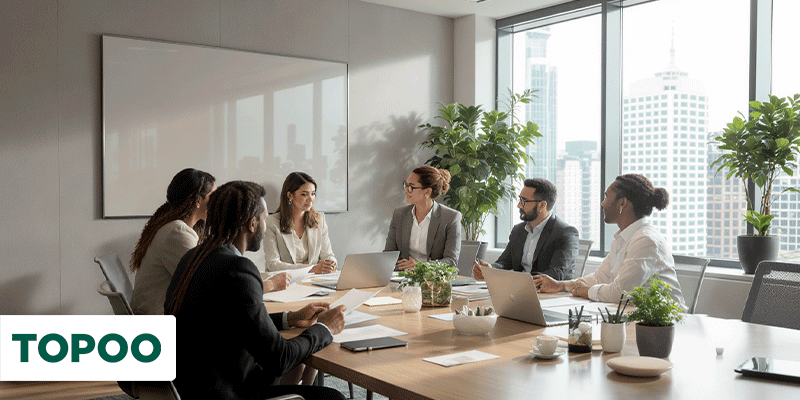 Reunião empresarial com seis pessoas discutindo ESG em sala corporativa