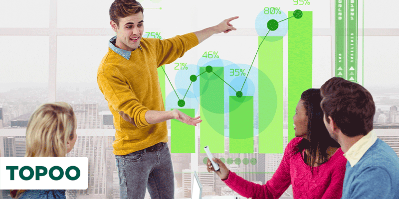 Apresentação de dados de marketing com gráficos de crescimento em ambiente moderno