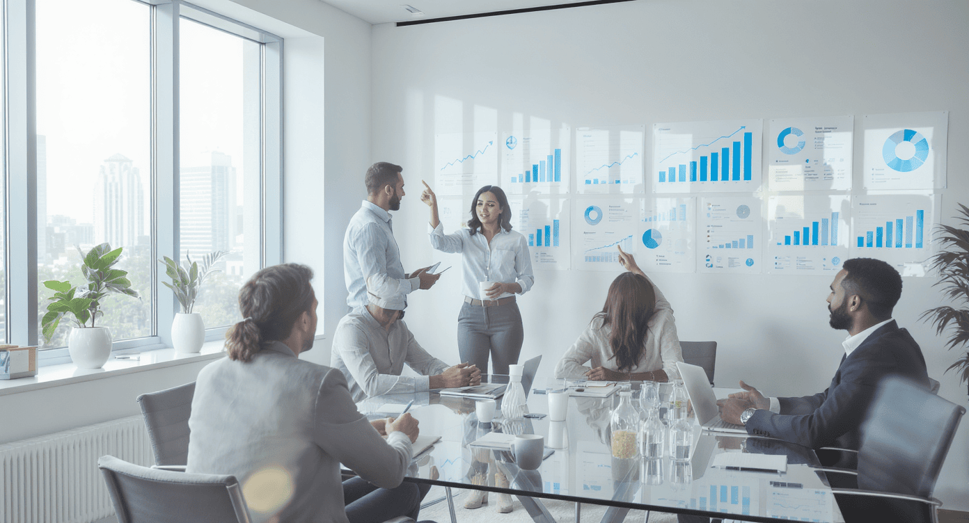 Apresentação de plano de crescimento com gráfico projetado em tela de sala de reunião