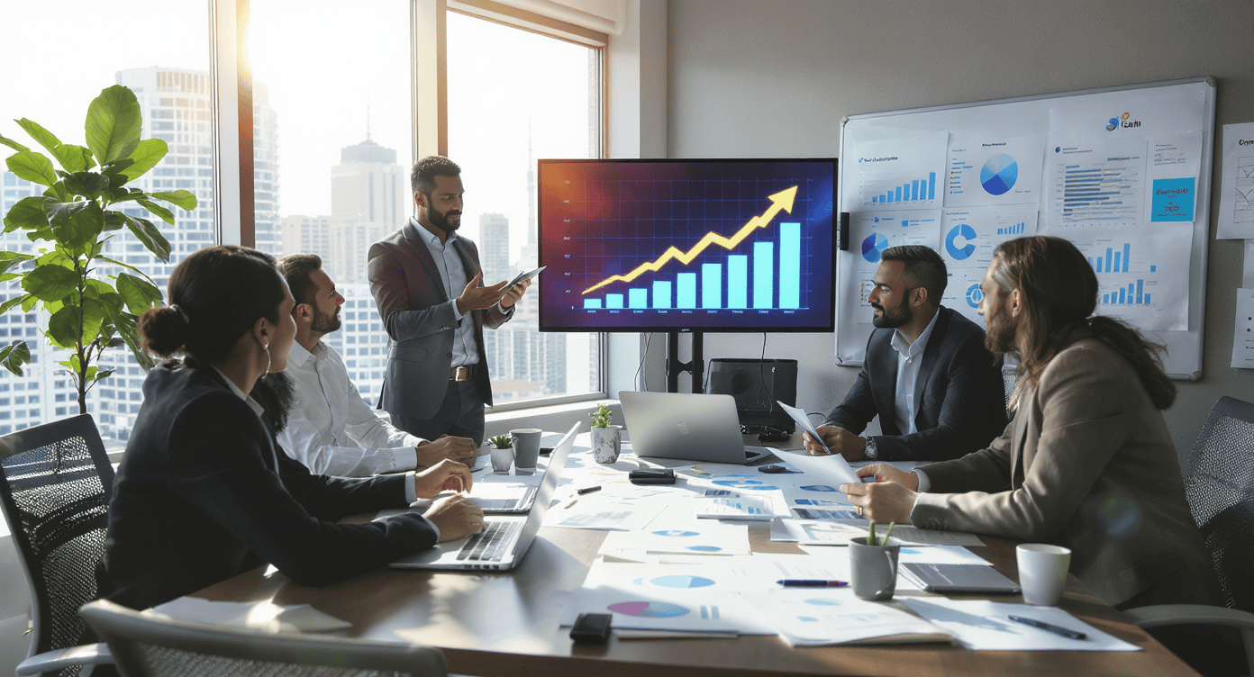 Reunião corporativa com gráfico de crescimento exibido em tela e equipe estratégica ao redor da mesa