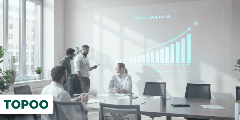 Reunião corporativa com gráfico de crescimento exibido em tela e equipe estratégica ao redor da mesa