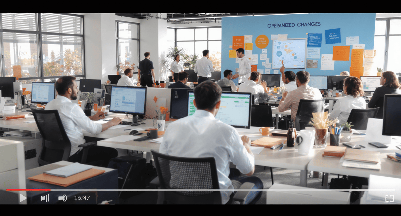Equipe de escritório analisando dados de produtividade em reunião com dashboards
