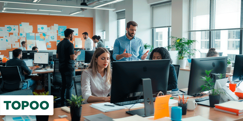 Profissionais em ambiente corporativo reorganizando fluxos de trabalho